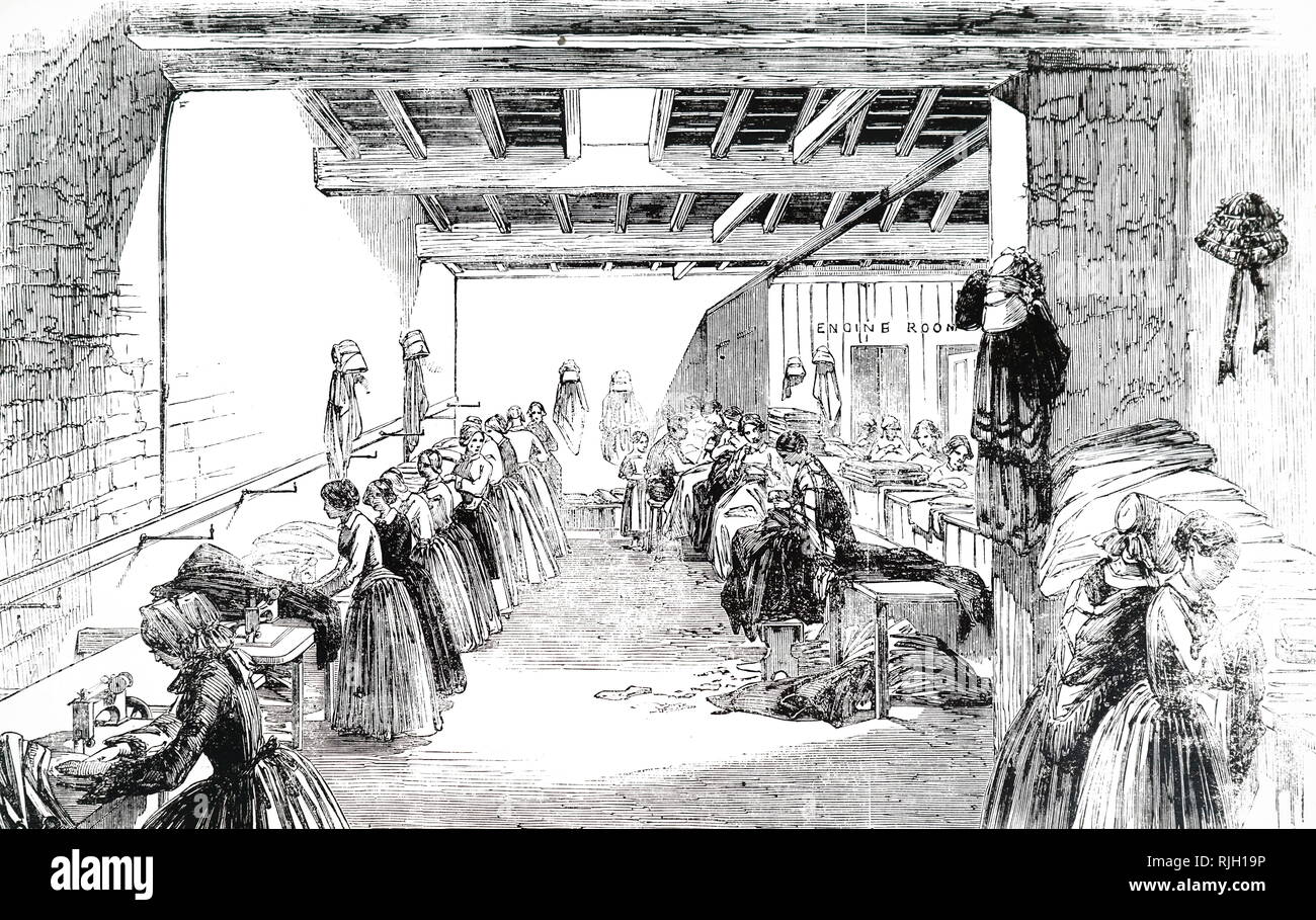 An engraving depicting the steam-powered sewing machines designed by C.T. Judkin of Manchester in use at Holloway & Co.'s clothing factory, Stroud, Gloucestershire. Holloways introduced the division of labour in their factory. One pair of trousers passed through 16 pairs of hands, each operative carrying out a specific task. Dated 19th century Stock Photo