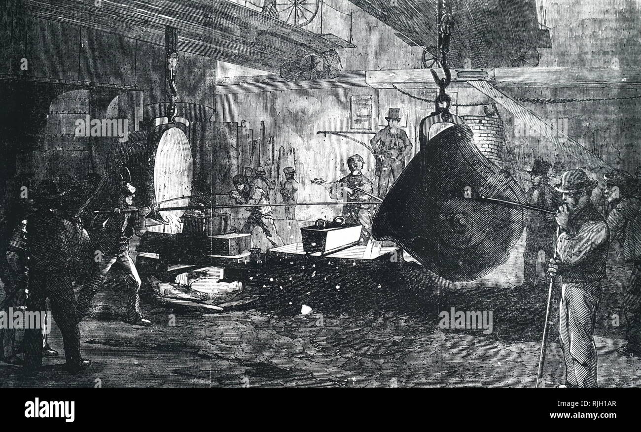 An engraving depicting the casting of mortar at Grissell's Regent's Canal Ironworks, City Road, London. A Nasmyth safety ladle is used. Dated 19th century Stock Photo