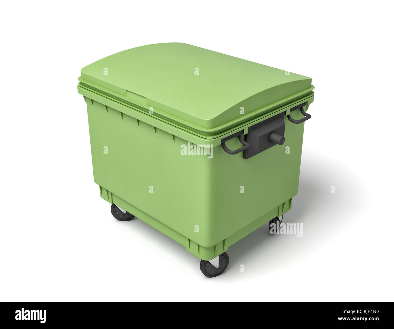 3d rendering of green trash bin isolated on white background. Digital art. Rubbish can. Ecology and environment. Stock Photo