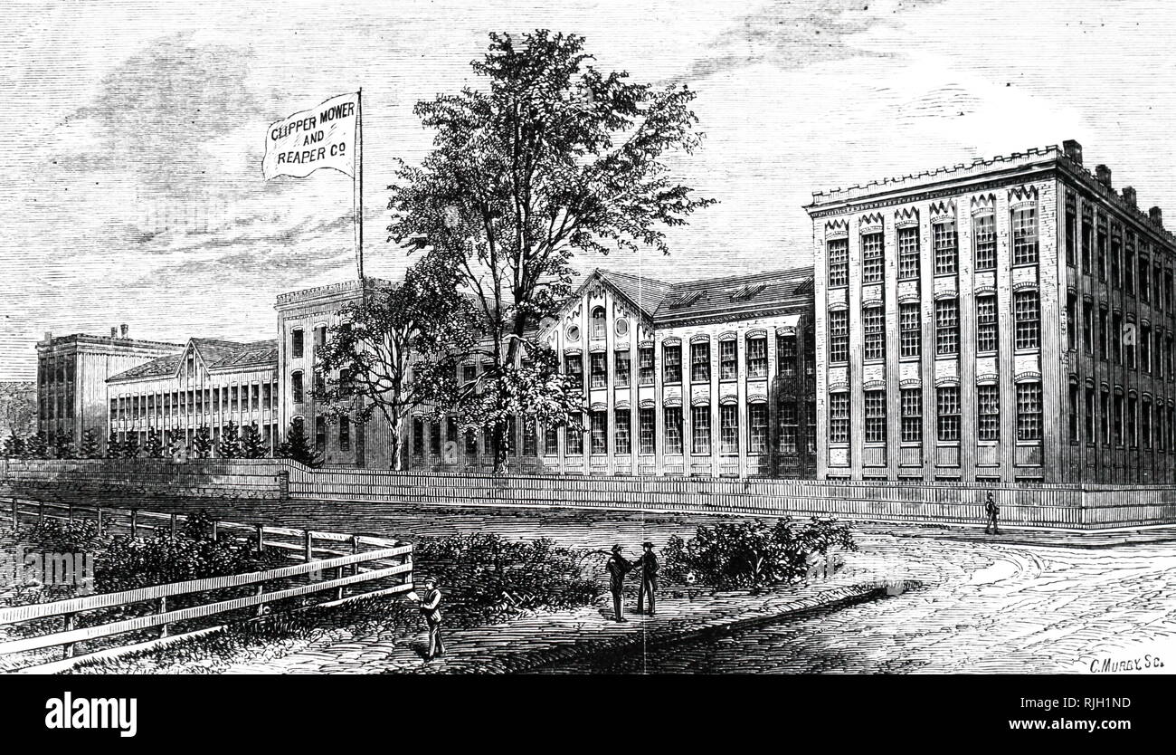 An engraving depicting the Clipper Mower and Reaper Company's works, Yonkers, New York. Dated 19th century Stock Photo