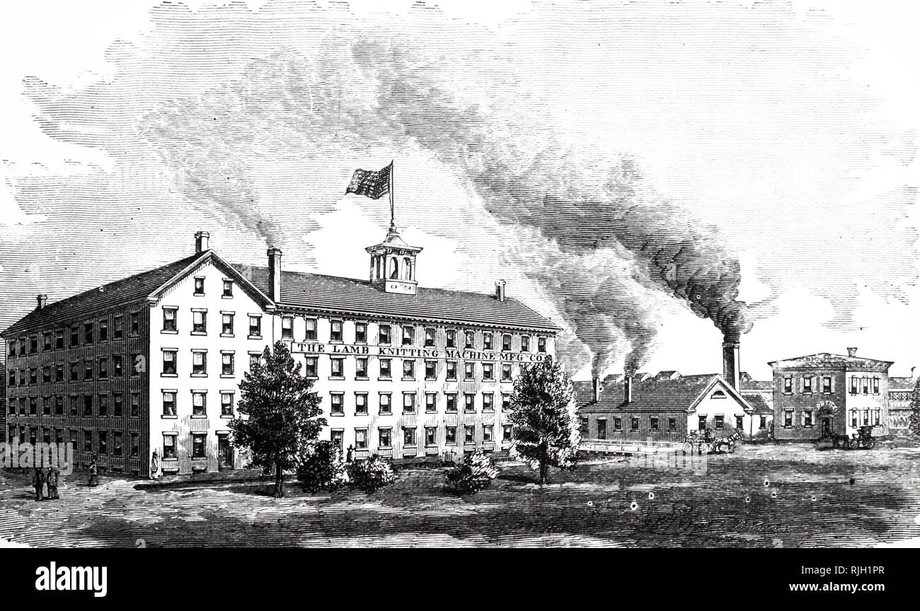 An engraving depicting a factory of The Lamb Knitting Machine Company Limited, Chicopee Falls, Massachusetts. Dated 19th century Stock Photo