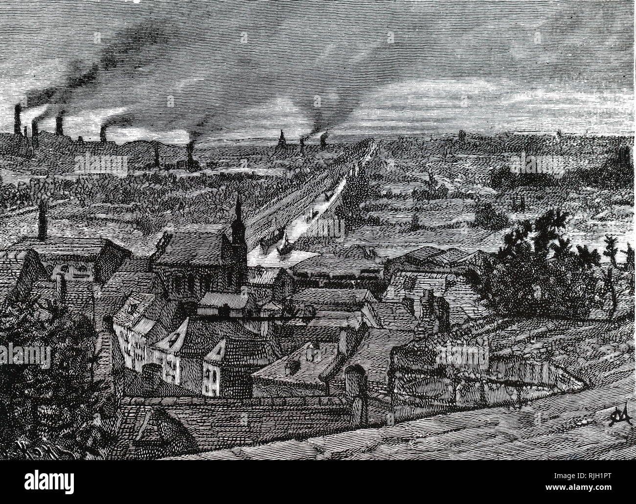 An engraving depicting a general view of Borinage in 1870, the industrial and coal mining district in the Hainault province of Belgium. Dated 19th century Stock Photo
