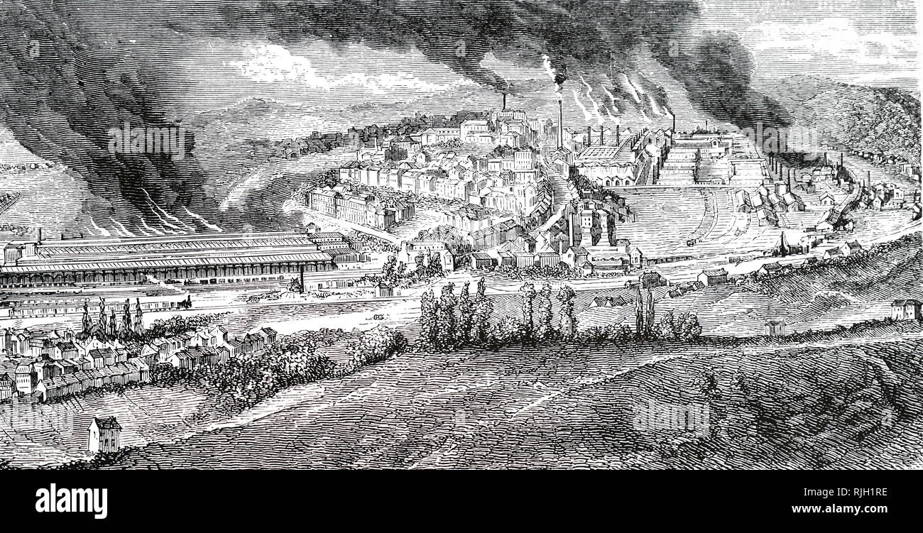 An engraving depicting the Creusot ironworks, France. Dated 19th century Stock Photo
