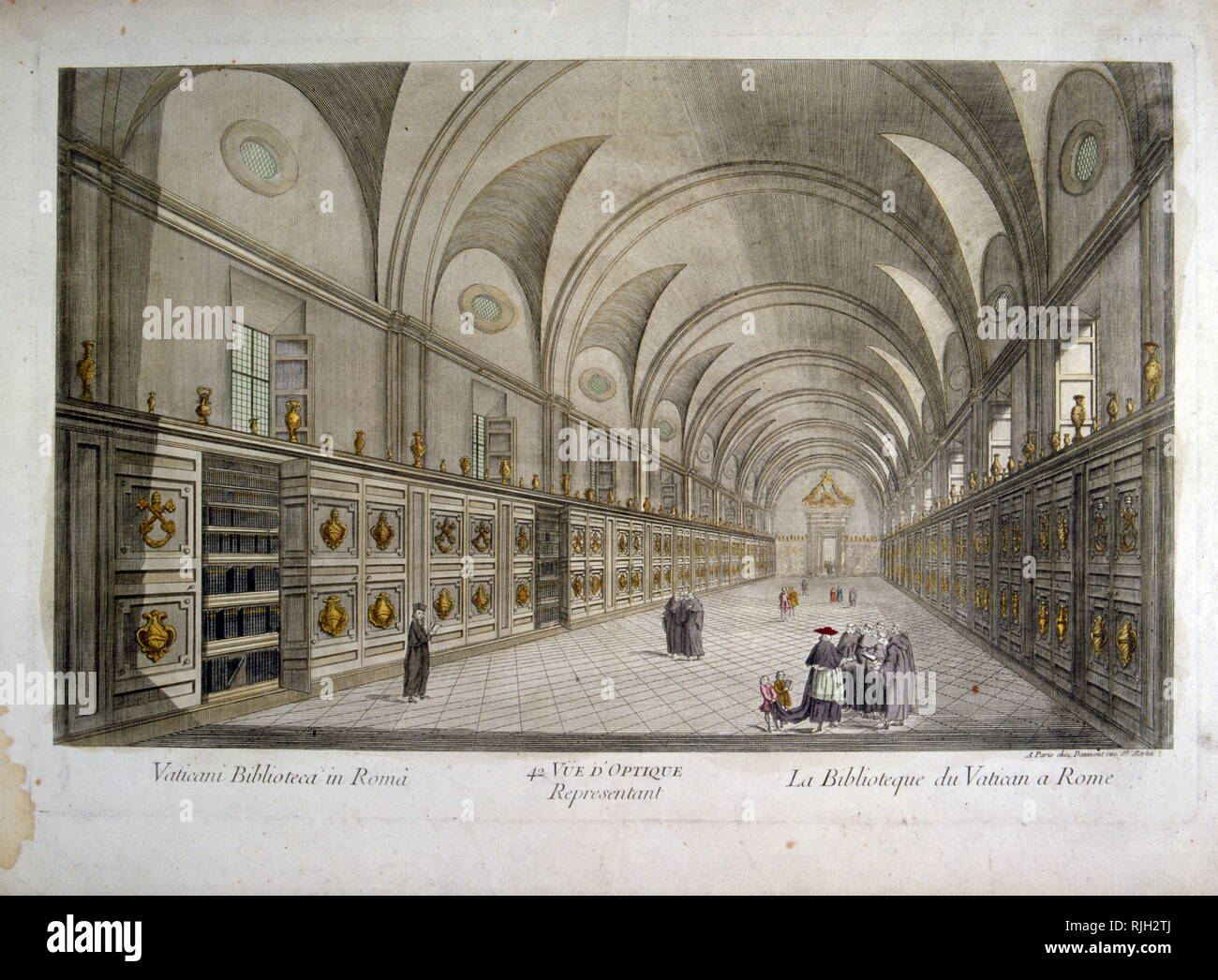 Engraved illustration showing the Vatican Library, Rome in 18th century Stock Photo