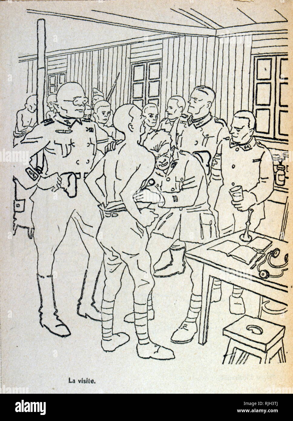 illustration of a French prisoner of war having a medical examination by German doctors. Drawn by Antoine de Roux 1940 Stock Photo