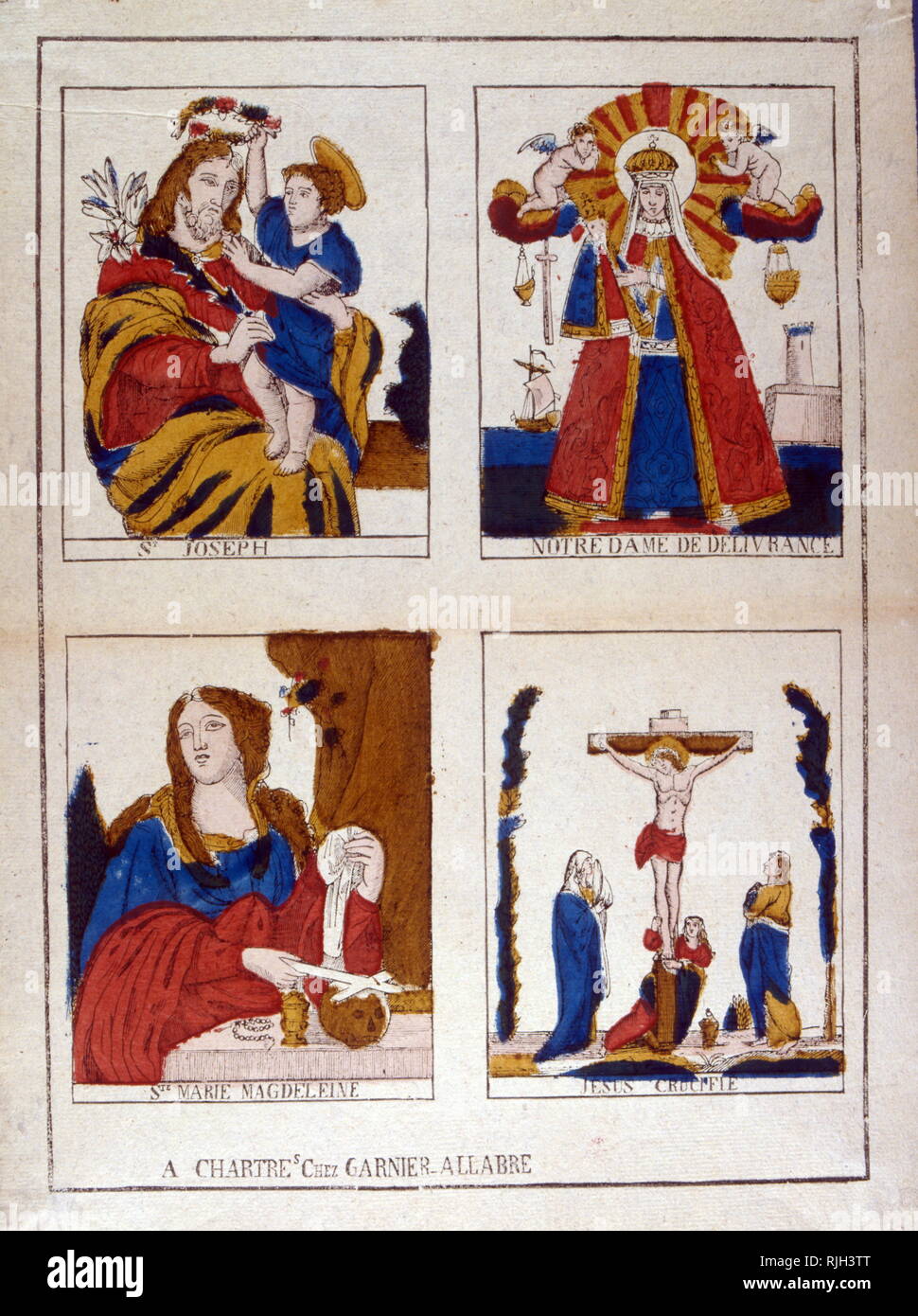 French Catholic illustrations of Saints, Joseph, Notre dame de deliverance, Mary Magdalene, Jesus crucified. 1860 Stock Photo