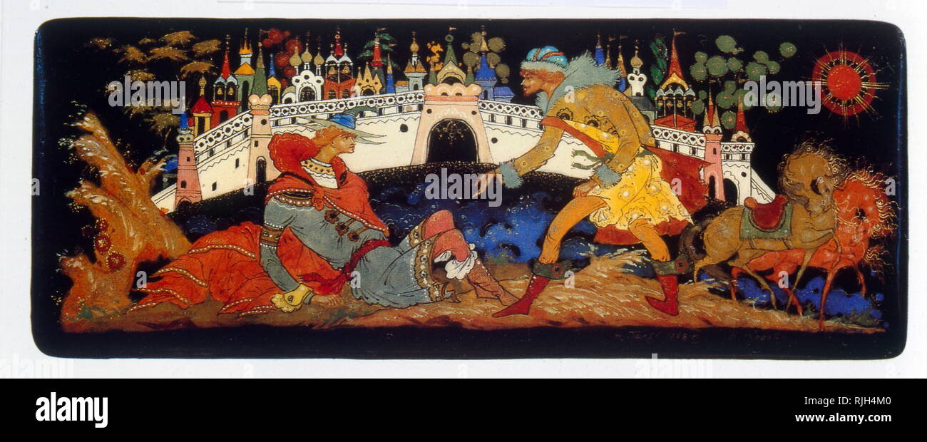 A Russian 'Palekh' lacquered box circa 1970. depicting a scene from medieval Russian history. Russian lacquer art developed from the art of icon painting which came to an end with the collapse of Imperial Russia. the craft of making papier-mache decorative boxes and panels developed Stock Photo