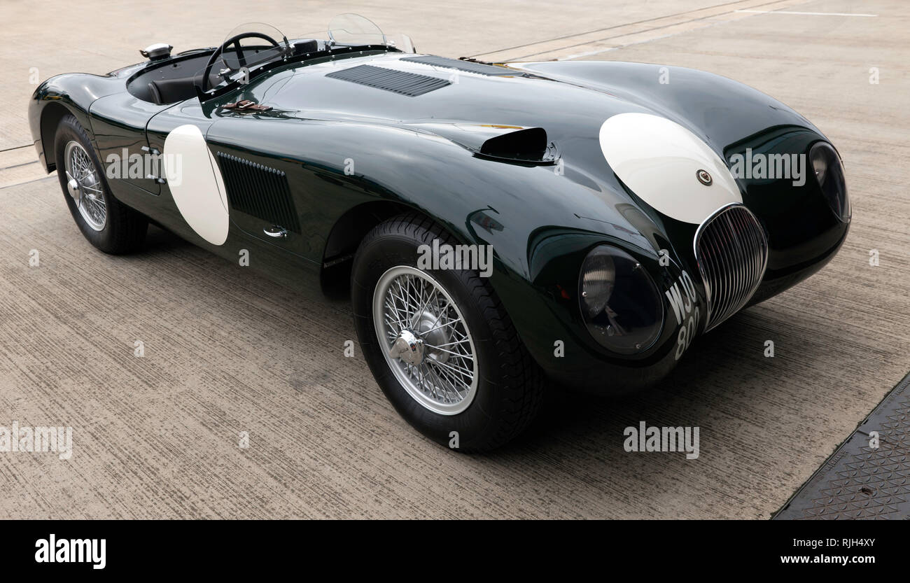 Side  view of a 1955, Jaguar C-type,  at the Silverstone Classic 2017 Stock Photo