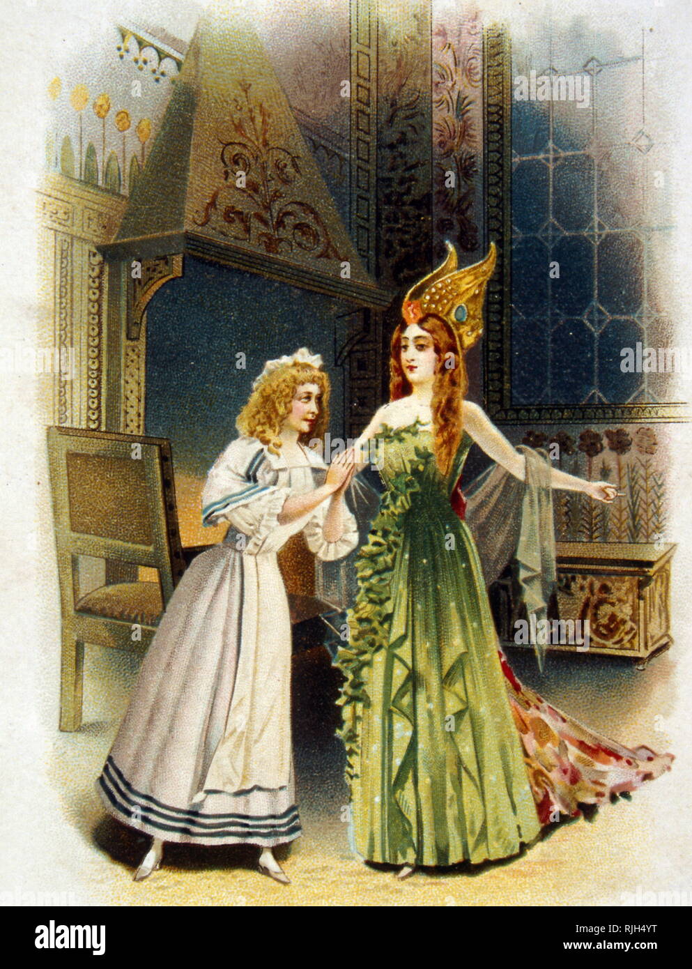 Chromolithograph of the story of Cendrillon (Cinderella). The good fairy godmother visits Cinderella. 1900 Stock Photo
