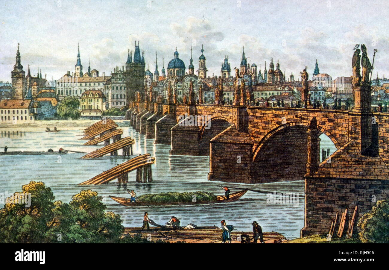 Illustration of the Charles Bridge, Prague by Vincenc Morstadt (1802 - 1875). Stock Photo
