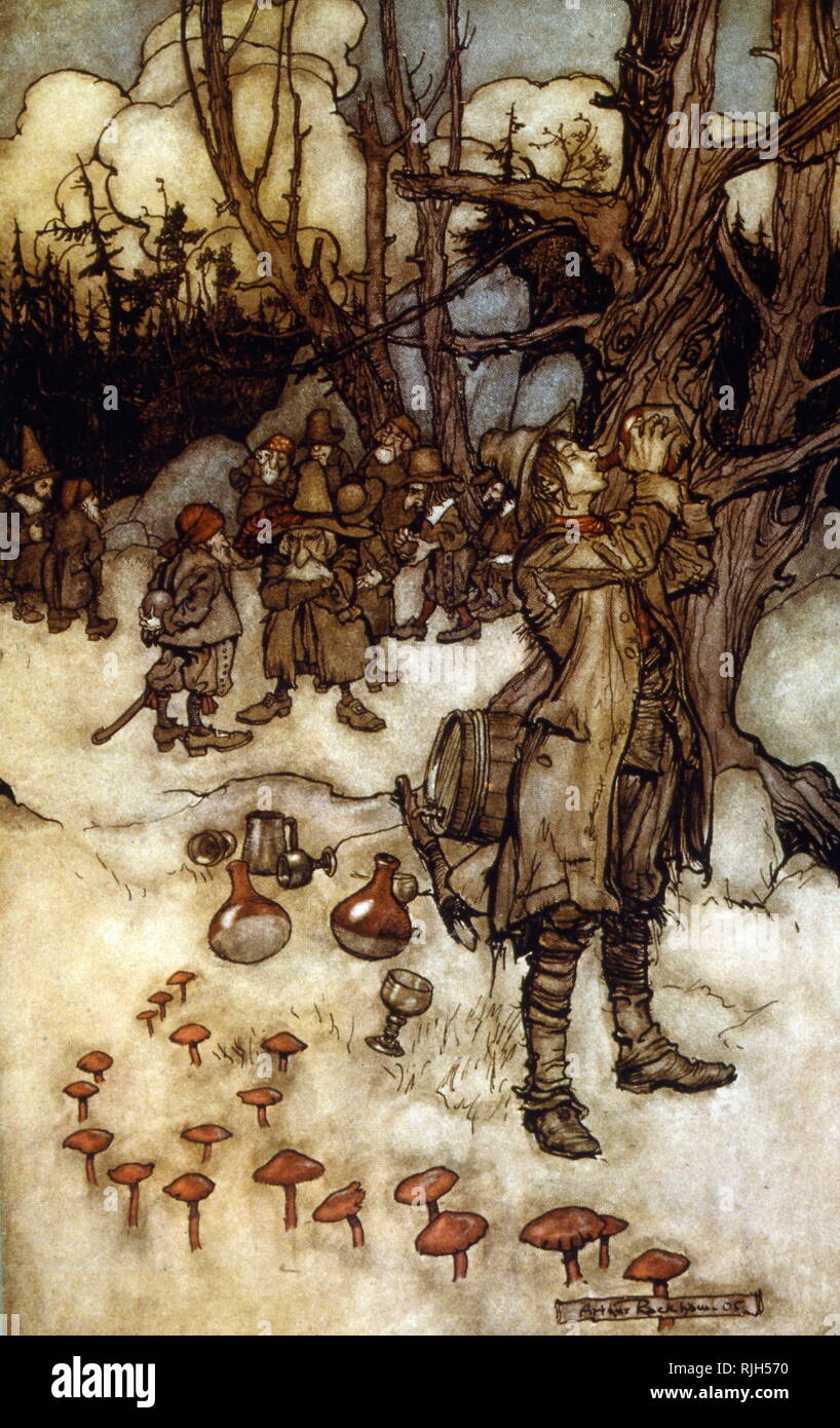 Illustration by Arthur Rakham of Rip Van Winkle, a short story by the American author Washington Irving first published in 1819. It follows a Dutch-American villager in colonial America named Rip Van Winkle who falls asleep in the Catskill Mountains and wakes up 20 years later, having missed the American Revolution Stock Photo