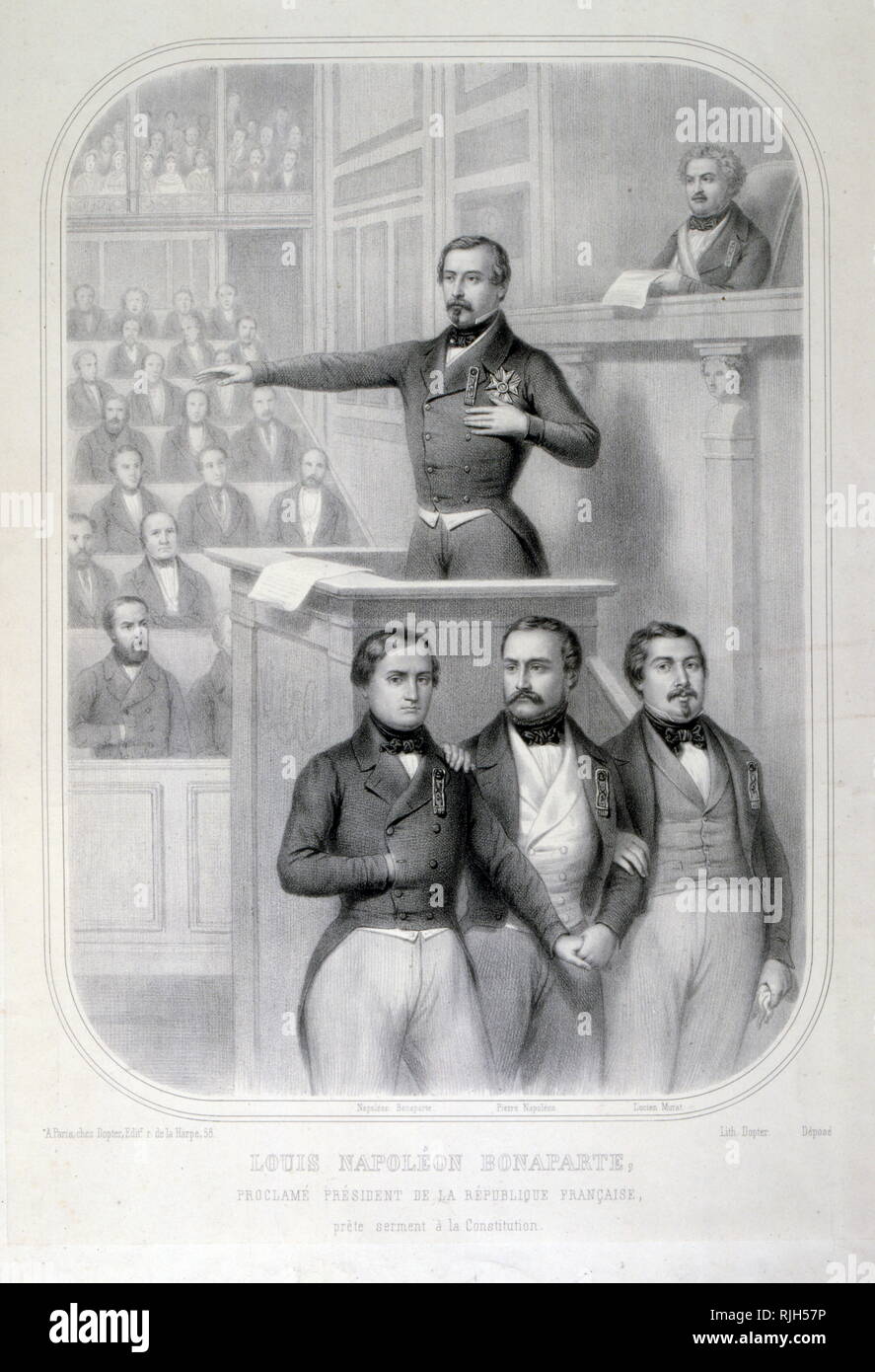 Engraving of Louis Napoleon Bonaparte;  (1808 – 1873) President of France from 1848 to 1852. The Three figures in front of him are Napoleon I, Pierre Napoleon and Lucien Murat Stock Photo