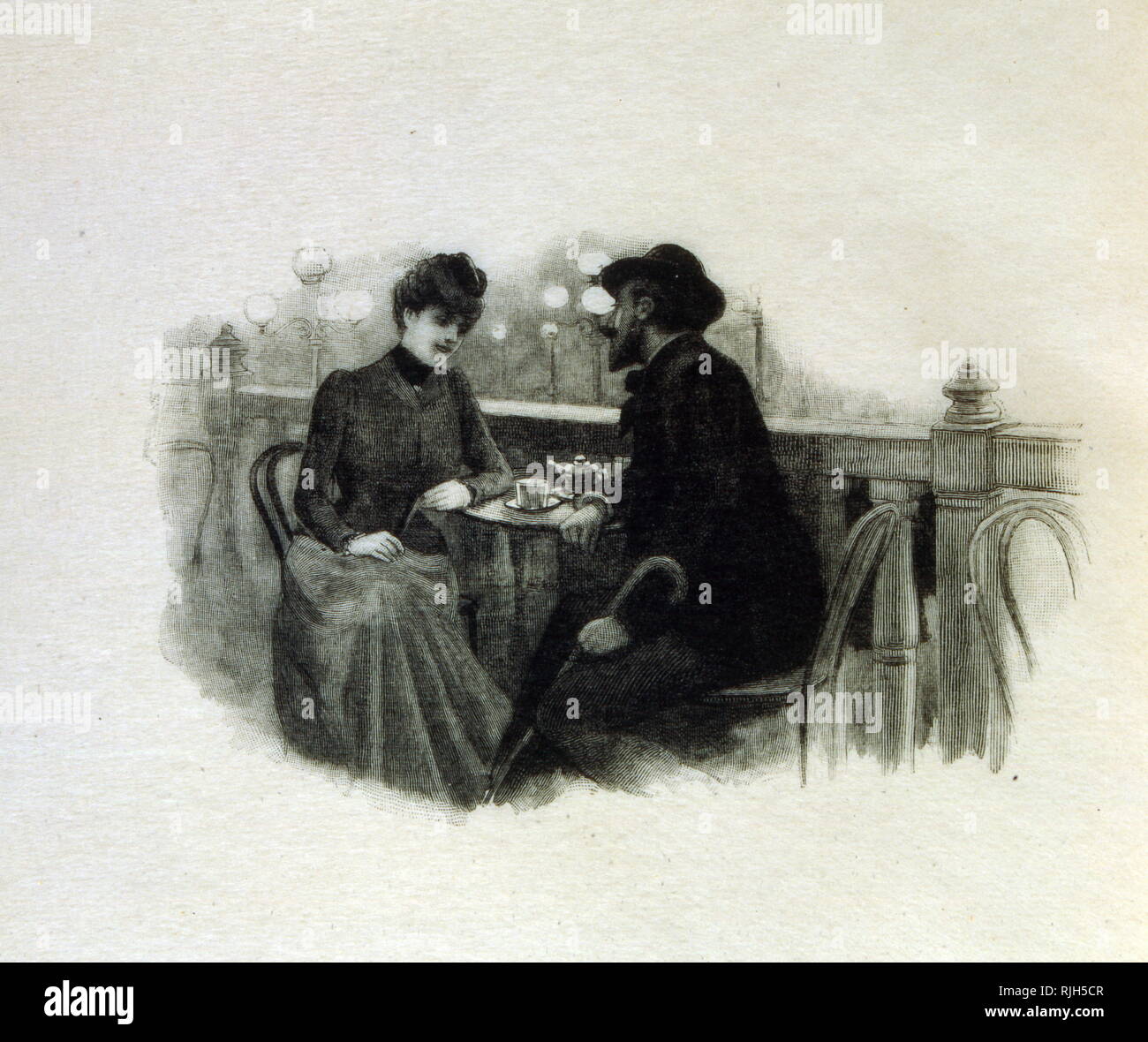 Parisian Idyll (couple enjoying a romantic chat), Illustration by Pierre Vidal. 1903 Stock Photo