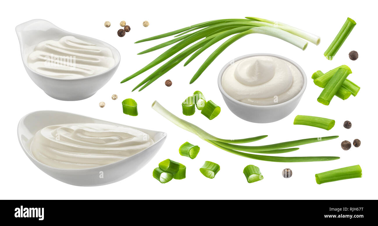 Sour cream and chives isolated on white background, green onion with