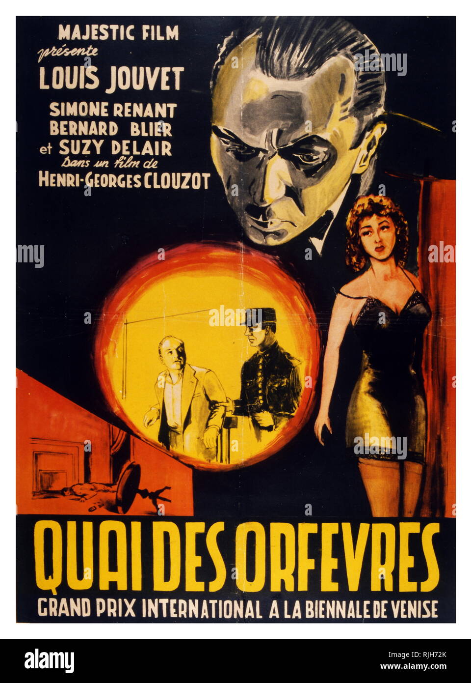 French film poster for the film 'Quai des Orfevres' (also known as Jenny Lamour) 1947 French police drama based on the book Legitime defense by Stanislas-Andre Steeman. Directed by Henri-Georges Clouzot the film stars Suzy Delair as Jenny Lamour, Bernard Blier as Maurice Martineau, Louis Jouvet as Inspector Antoine and Simone Renant as Dora. Stock Photo
