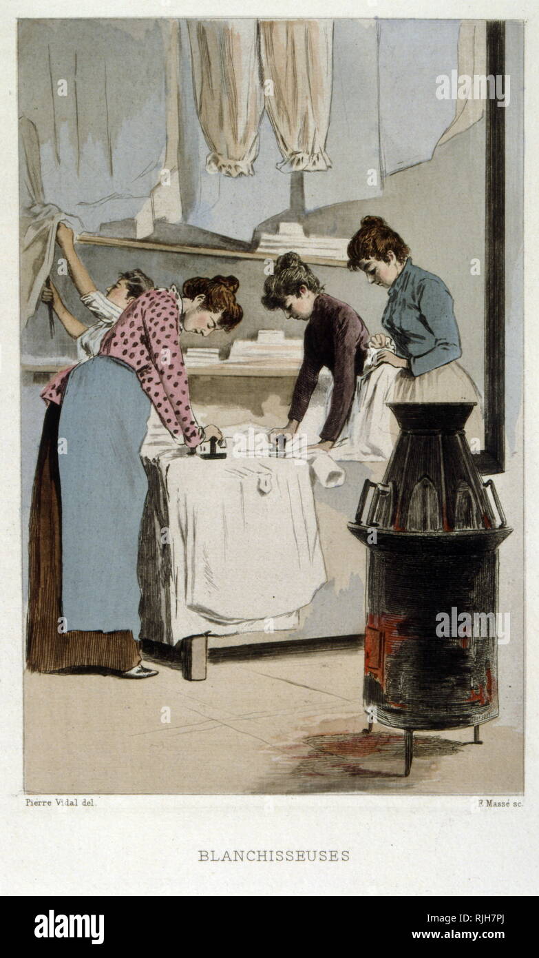 Paris launderers work in a launderette sweatshop. France 1894. Illustration by Pierre Vidal Stock Photo