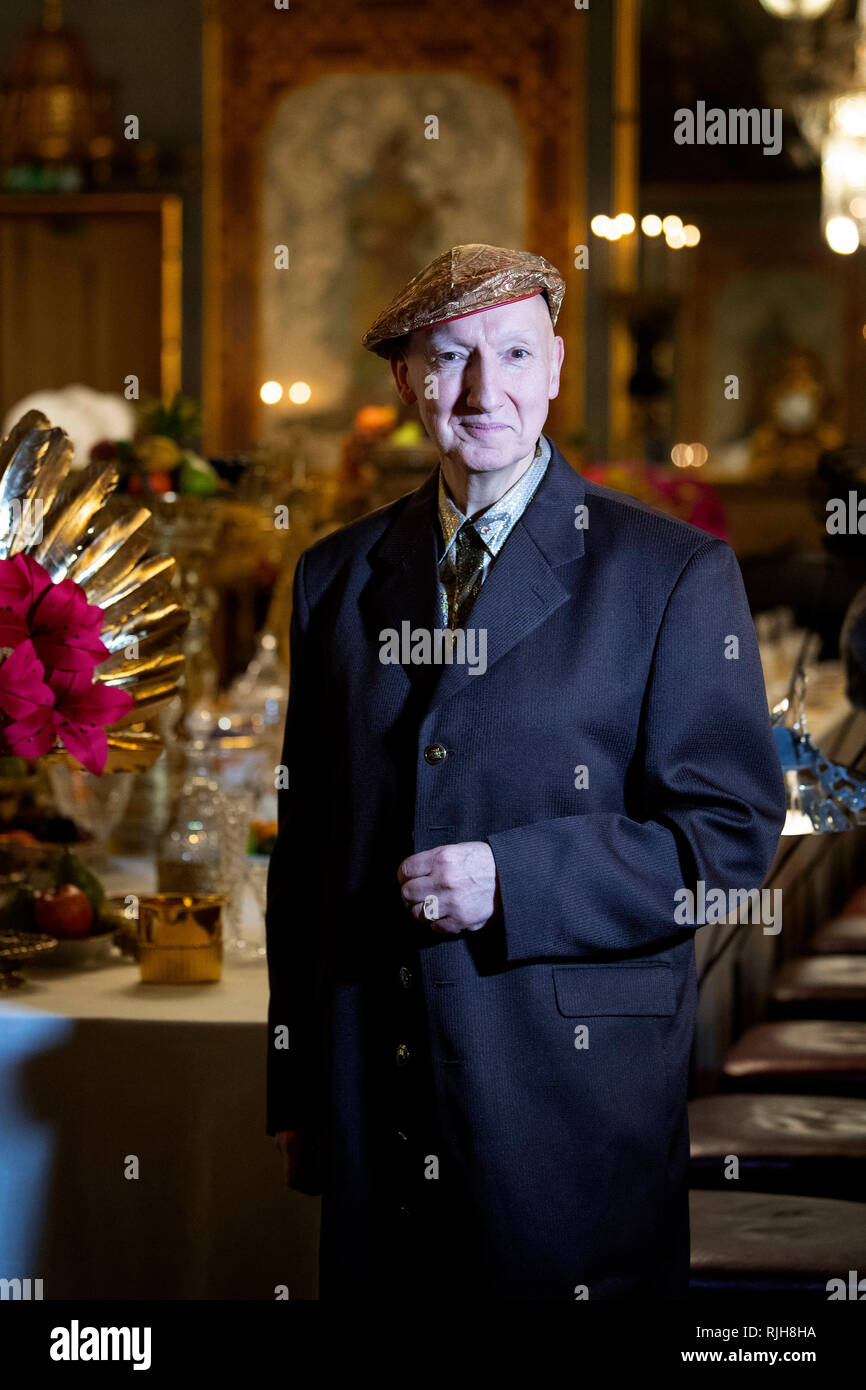 Milliner Stephen Jones at the launch of Chinoiserie-on-Sea exhibition which will fill the rooms of the Royal Pavilion, Brighton, East Sussex, with dozens of hats made by Jones throughout his 40-year career. Stock Photo