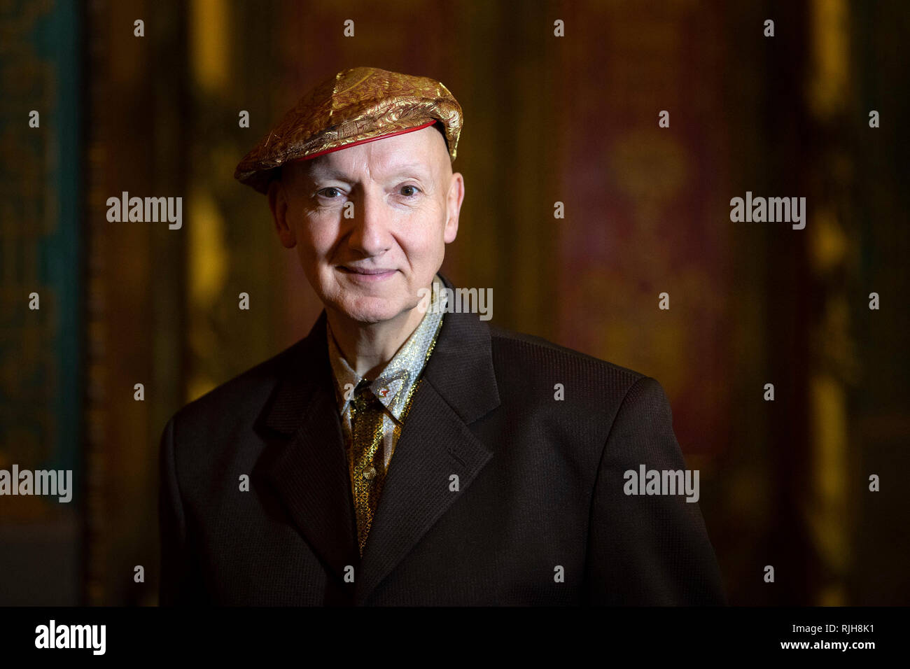 Milliner Stephen Jones at the launch of Chinoiserie-on-Sea exhibition which will fill the rooms of the Royal Pavilion, Brighton, East Sussex, with dozens of hats made by Jones throughout his 40-year career. Stock Photo