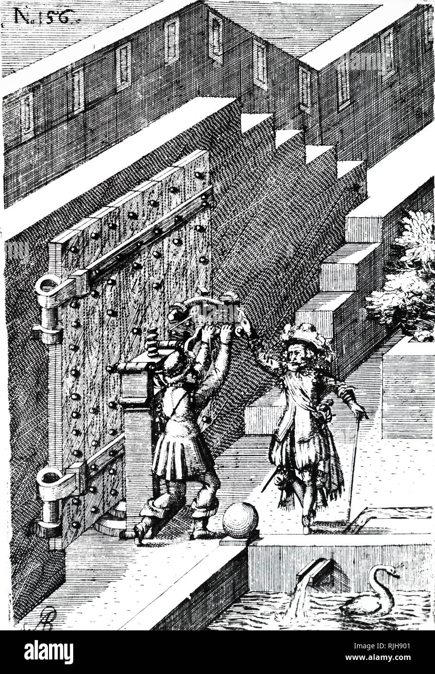 A woodcut engraving depicting the use of a crew jack to lift a heavy door from its hinges. Dated 17th century Stock Photo