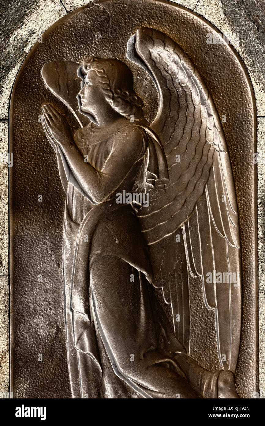 Tombstone showing an angel, cemetery on the isletta Isola di San Michele, Venice, Italy, Europe Stock Photo