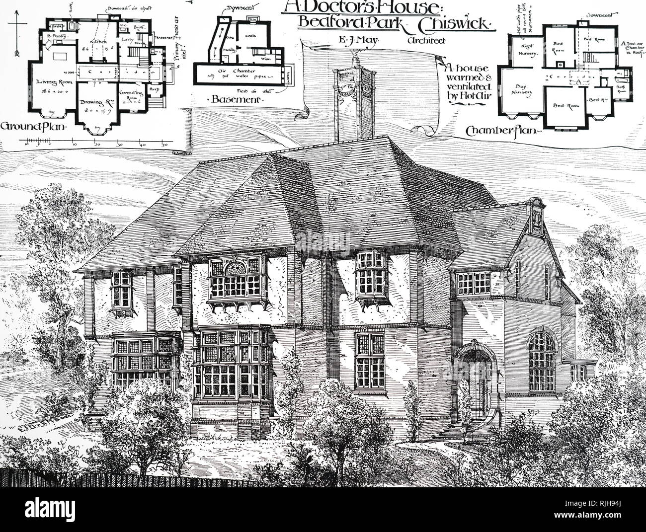 An engraving depicting a view of a house built by Edward John May, for Dr Hogg, which was heated and ventilated by hot air. Fresh air was drawn in through the basement, and hot pipes were used to heat the house through gratings in the floors downstairs and by vents in the upstairs rooms. The flume for the kitchen chimney provided heat to create a draught for extracting exhausted air. Edward John May (1853-1941) an English architect. Dated 19th century Stock Photo