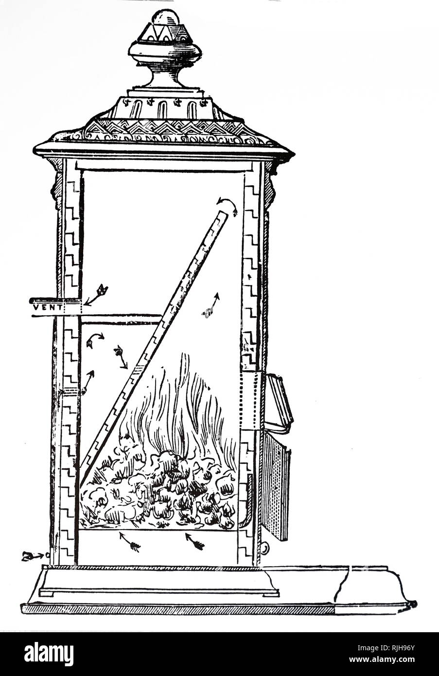 An engraving depicting a sectional view of a solid fuel stove by J. Dunnachie, shown at the Smoke Abatement Exhibition, London. Dated 19th century Stock Photo