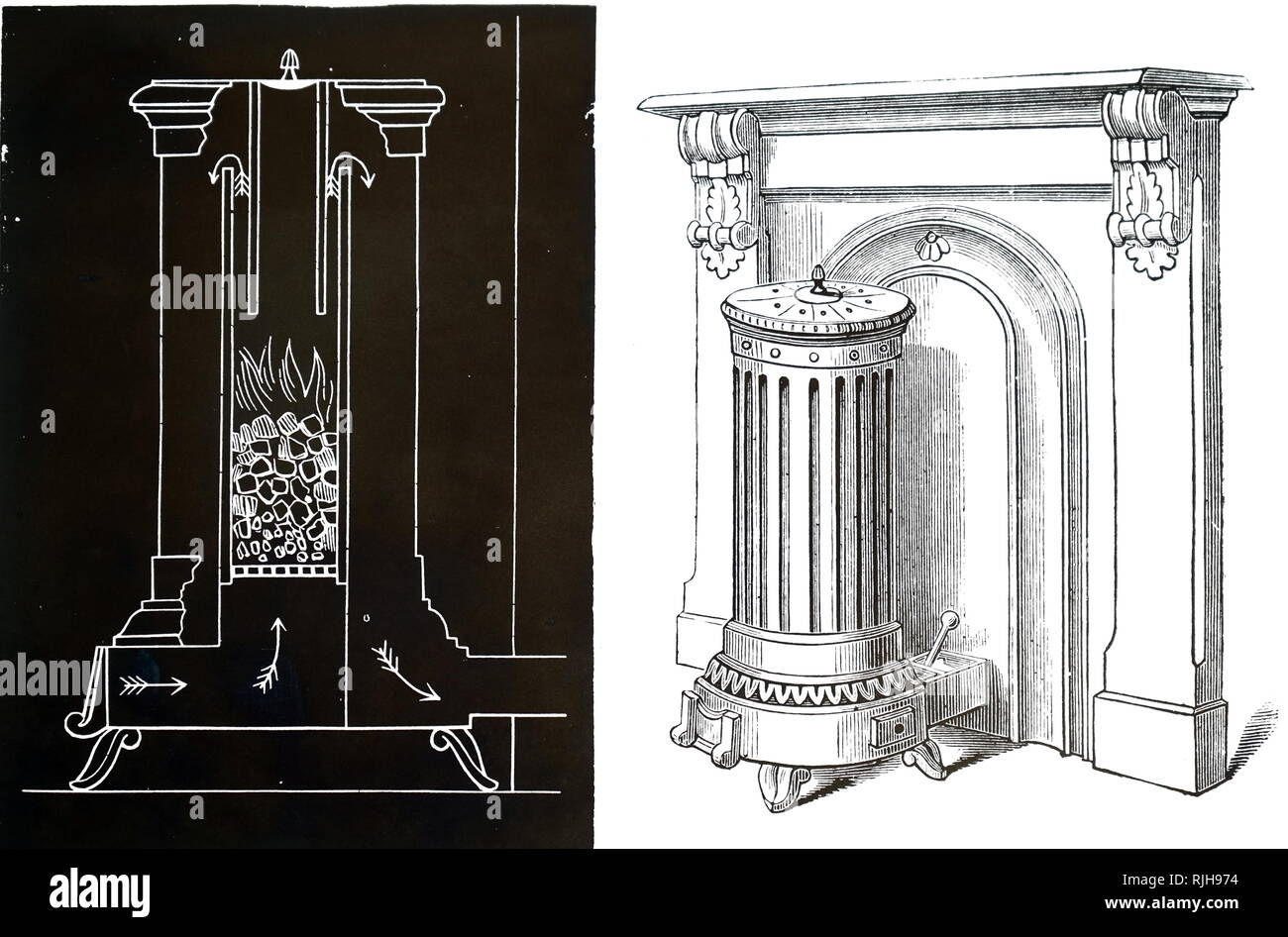 An engraving depicting a sectional view of a solid fuel stove by J. Dunnachie, shown at the Smoke Abatement Exhibition, London. Dated 19th century Stock Photo