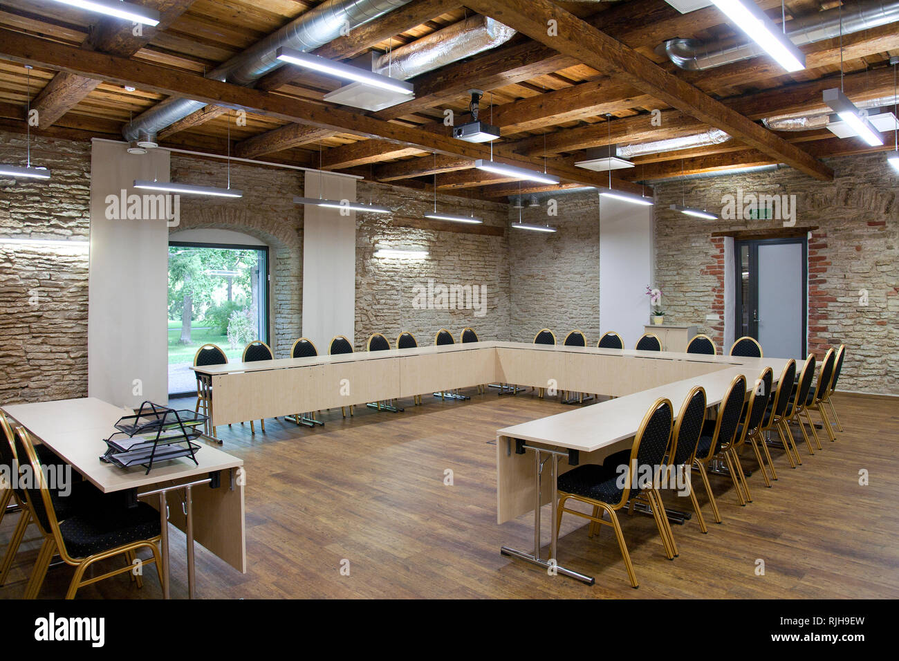 L shaped table in conference room Stock Photo Alamy