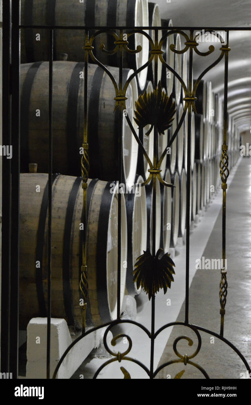 Through the wroughtiron metal gate you can see the wine cellar with
