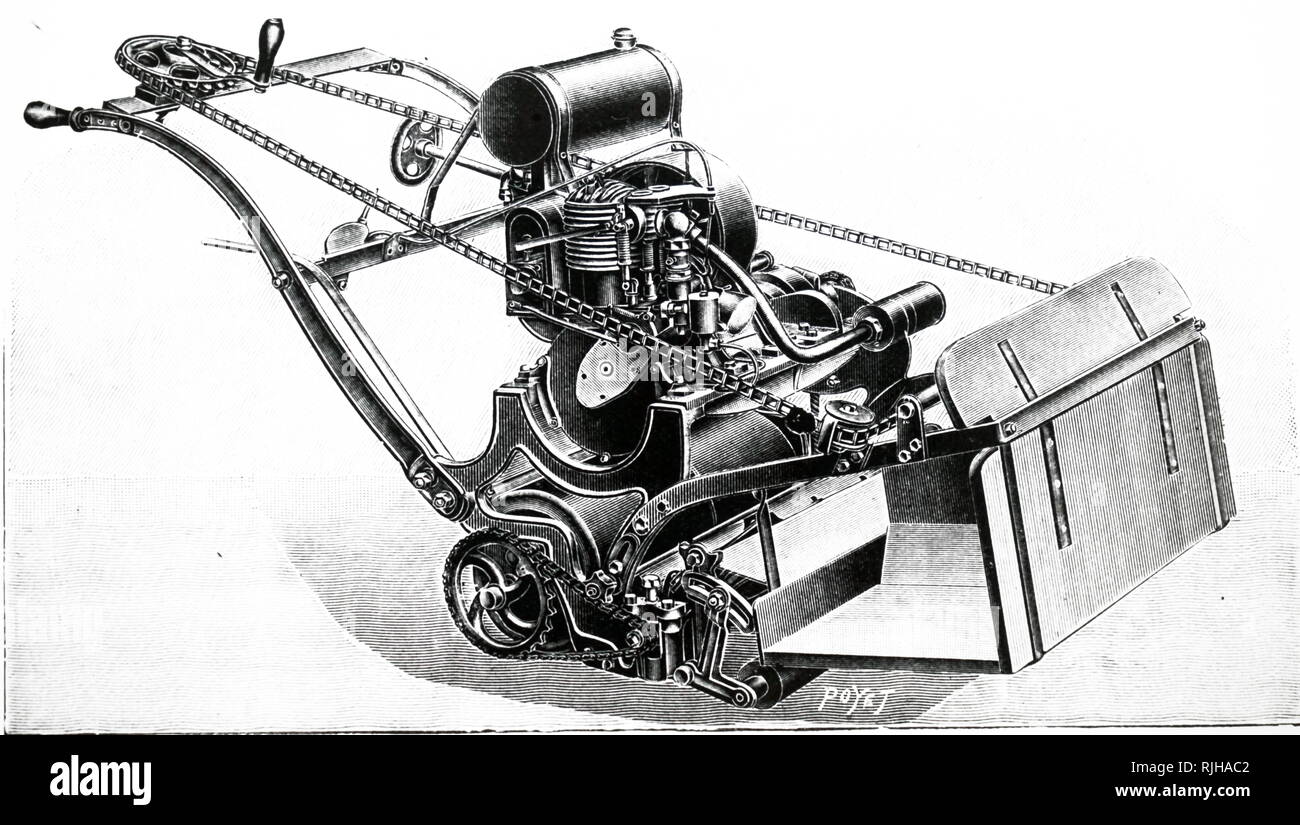 An engraving depicting a small petrol-driven lawnmower. Dated 20th century Stock Photo