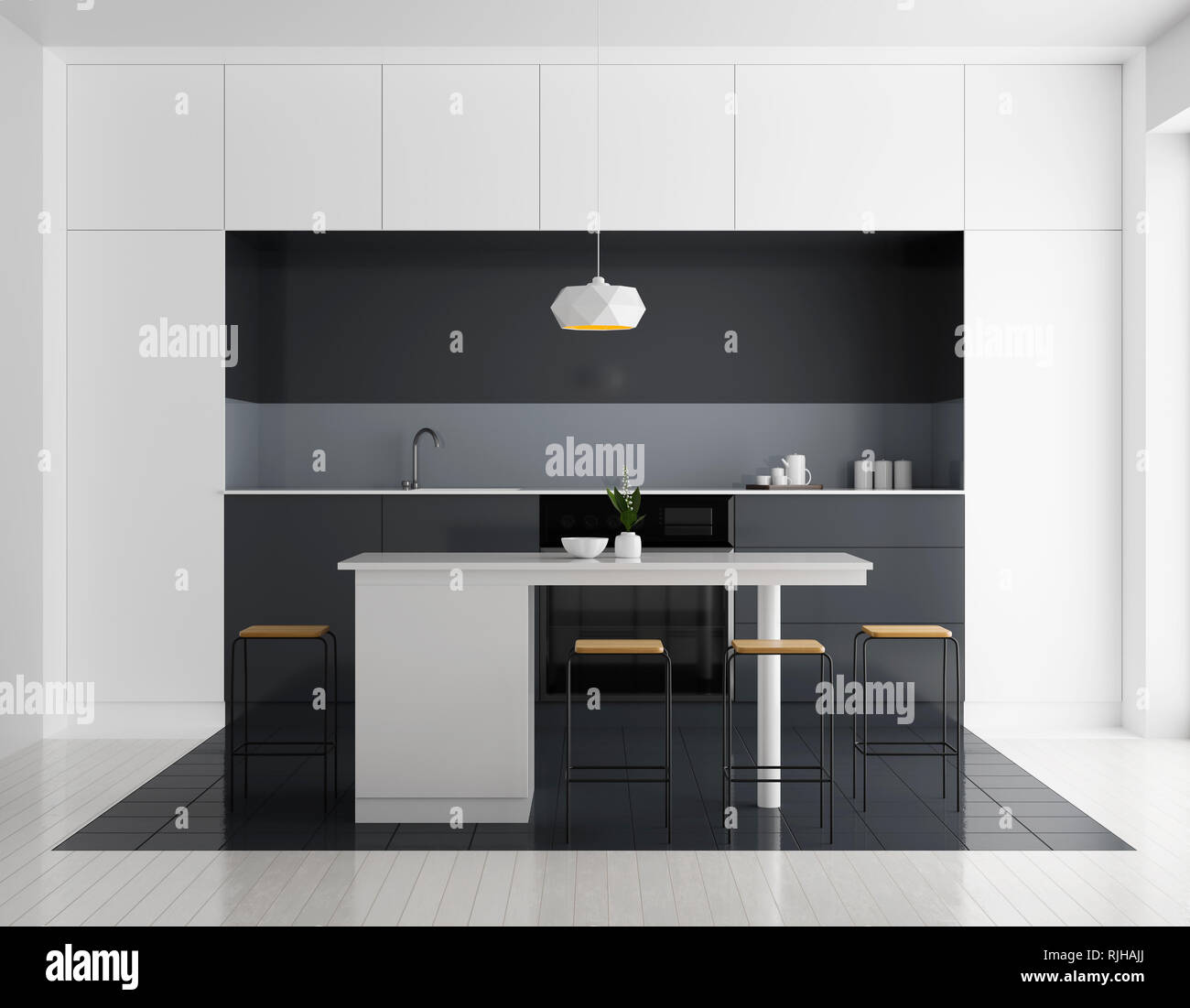 Modern bright kitchen interior. Minimalistic kitchen design with bar ...