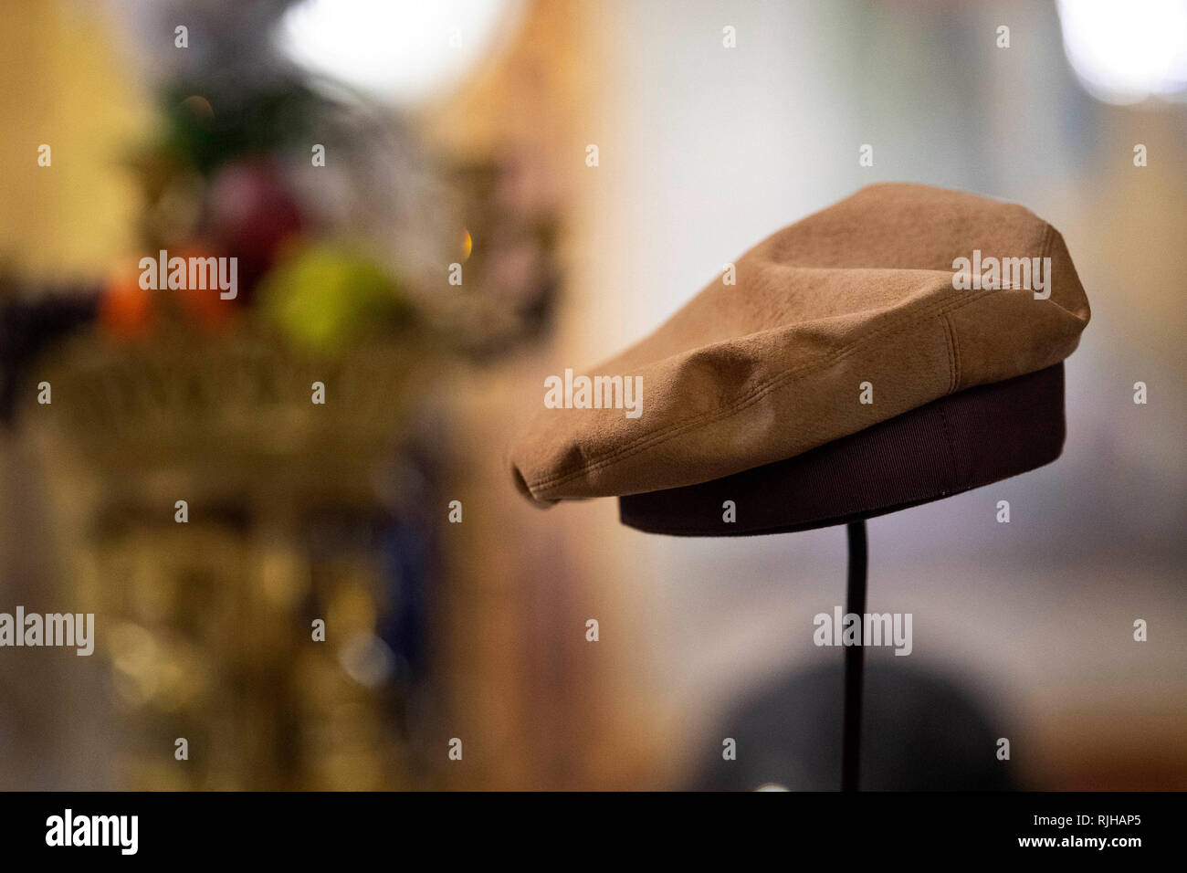 A replica hat designed for Lady Diana Spencer in 1980 before her marriage to the Prince of Wales, by milliner Stephen Jones at the launch of Chinoiserie-on-Sea exhibition which will fill the rooms of the Royal Pavilion, Brighton, East Sussex, with dozens of hats made by Jones throughout his 40-year career. Stock Photo