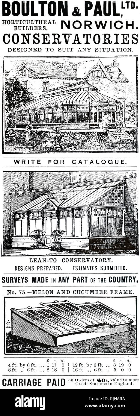 An advertisement for Boulton & Paul, Ltd. conservatories. Dated 19th century Stock Photo
