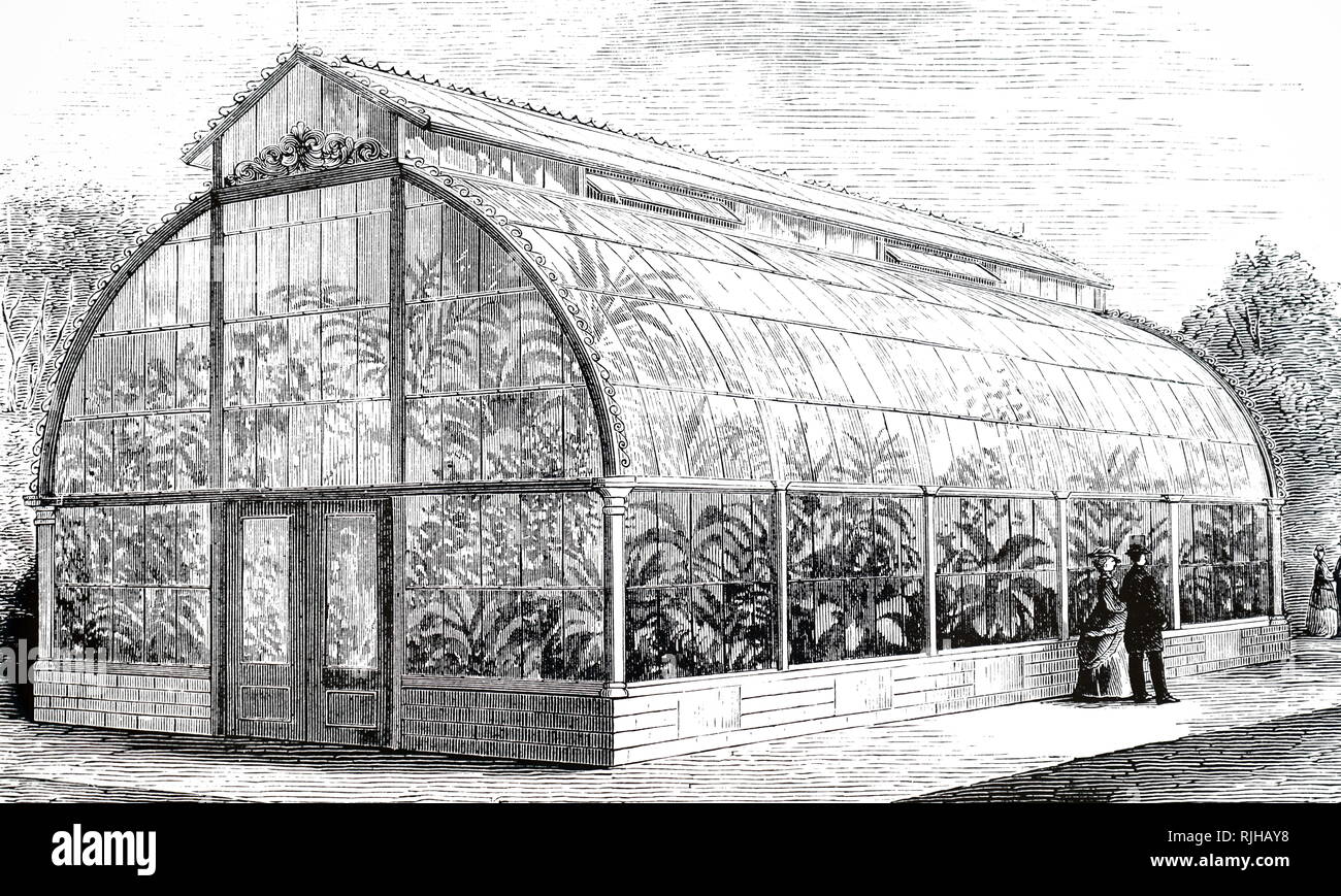An engraving depicting a conservatory with a span roof. Dated 19th century Stock Photo