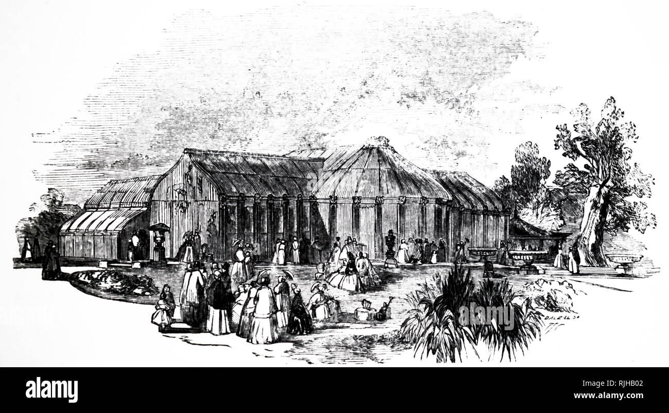 Illustration showing, a large glass and steel greenhouse at the Royal Botanical Gardens in Regent's Park, London. 1860 Stock Photo
