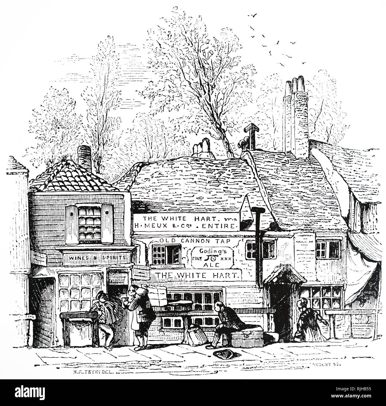 An engraving depicting the exterior of The White Hart Inn, Knightsbridge, London. This inn was a watering house for hackney carriages as well as a resting place for porters. Dated 19th century Stock Photo