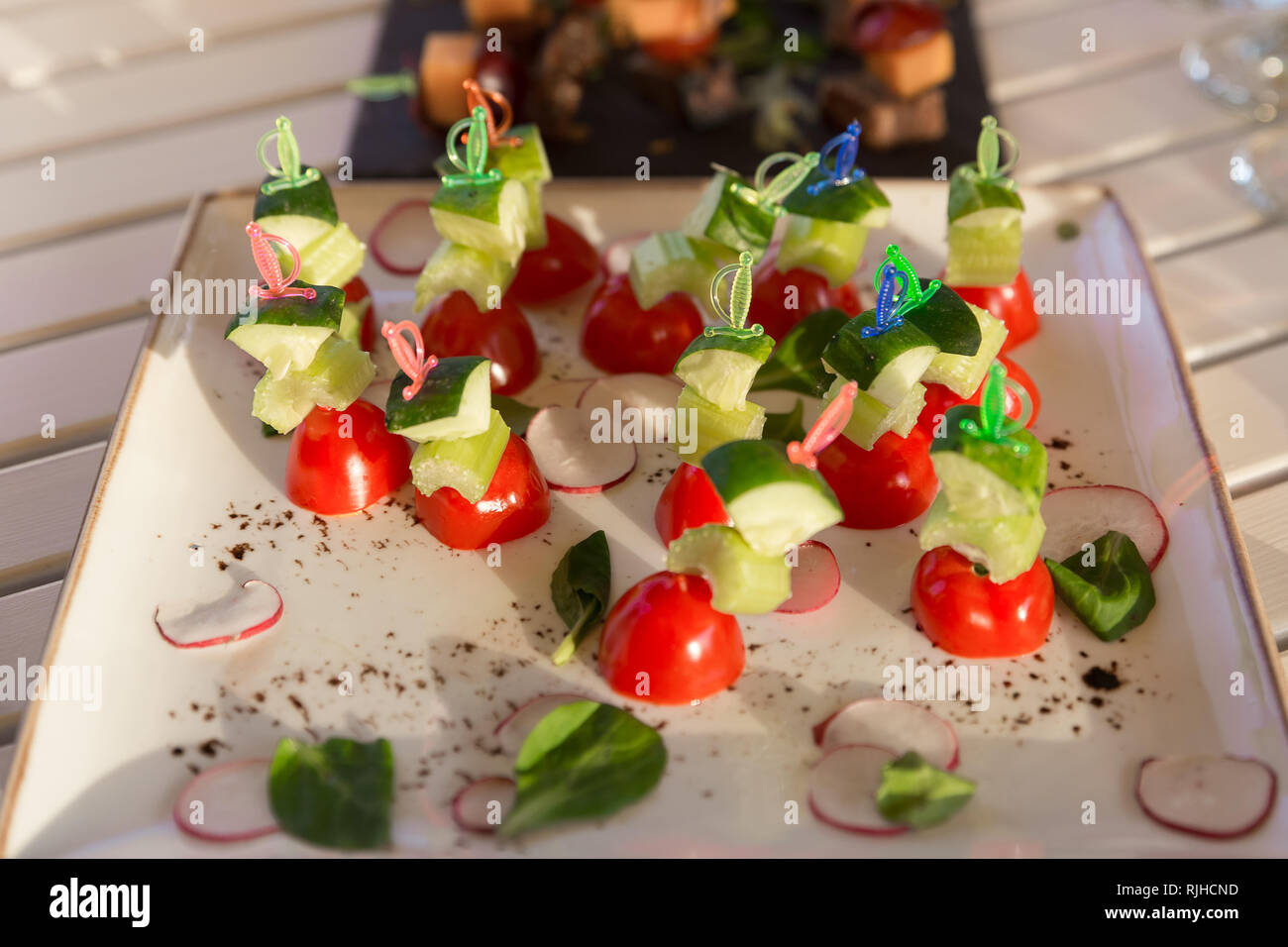 catering services background with snacks on plate. Stock Photo