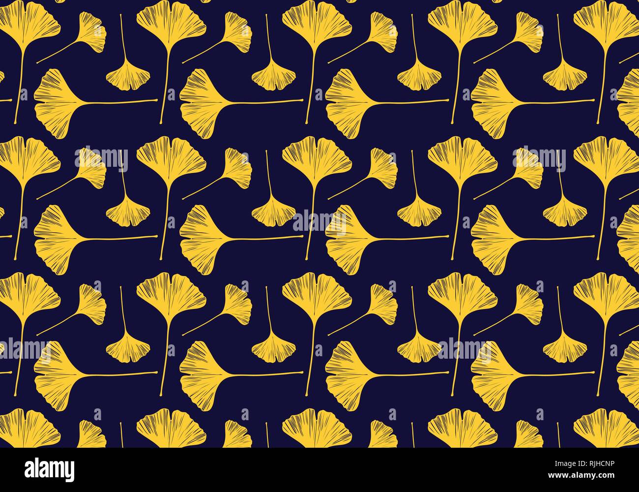 Ginkgo leaves vector pattern in a gold color palette on a dark blue background Stock Vector