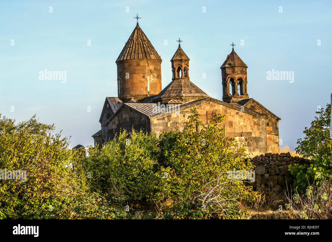 Monastery Saghmosavank autumn evening standing on the side of the orchard located on the edge of the canyon of the river Kasakh near the town of Ashta Stock Photo
