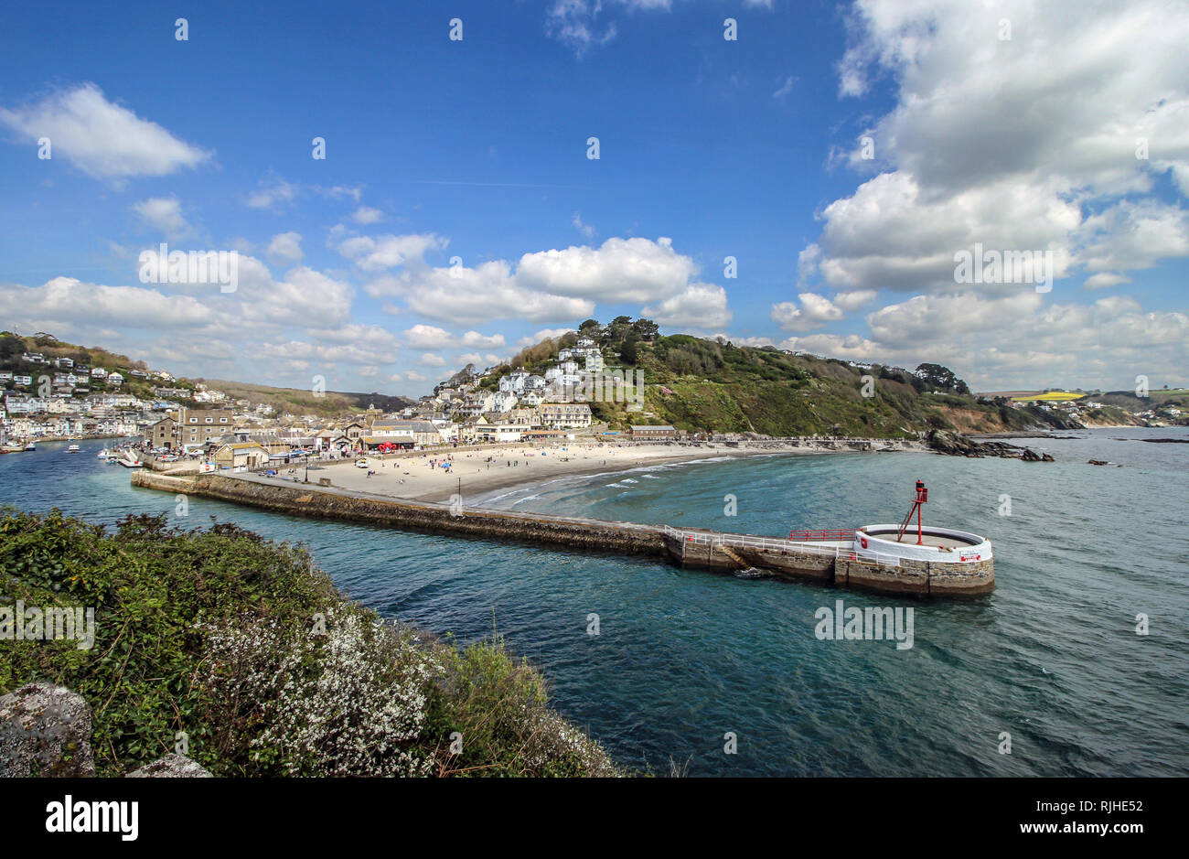 Banjo Pier between the beach and the river at East Looe, as seen from the high vantage point at Hannafore. Stock Photo