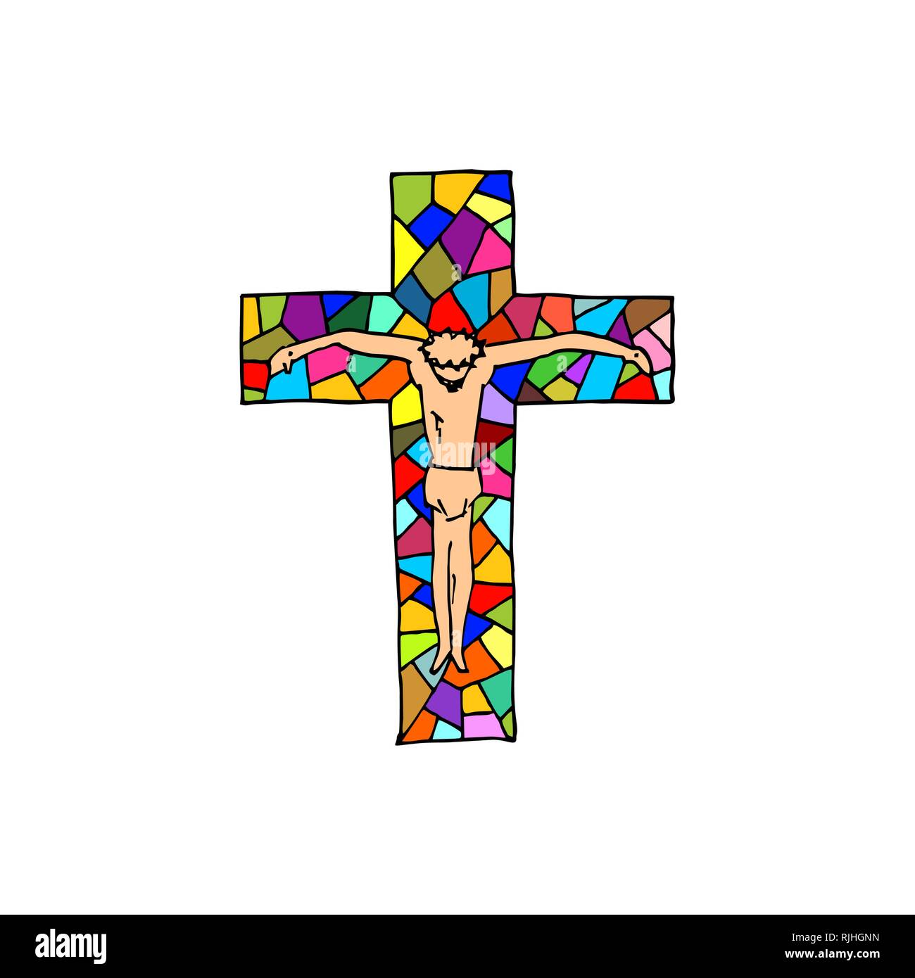 Lord Jesus on the cross. Cross drawn by hand. Mosaic style. Christian and biblical symbols. Stock Vector