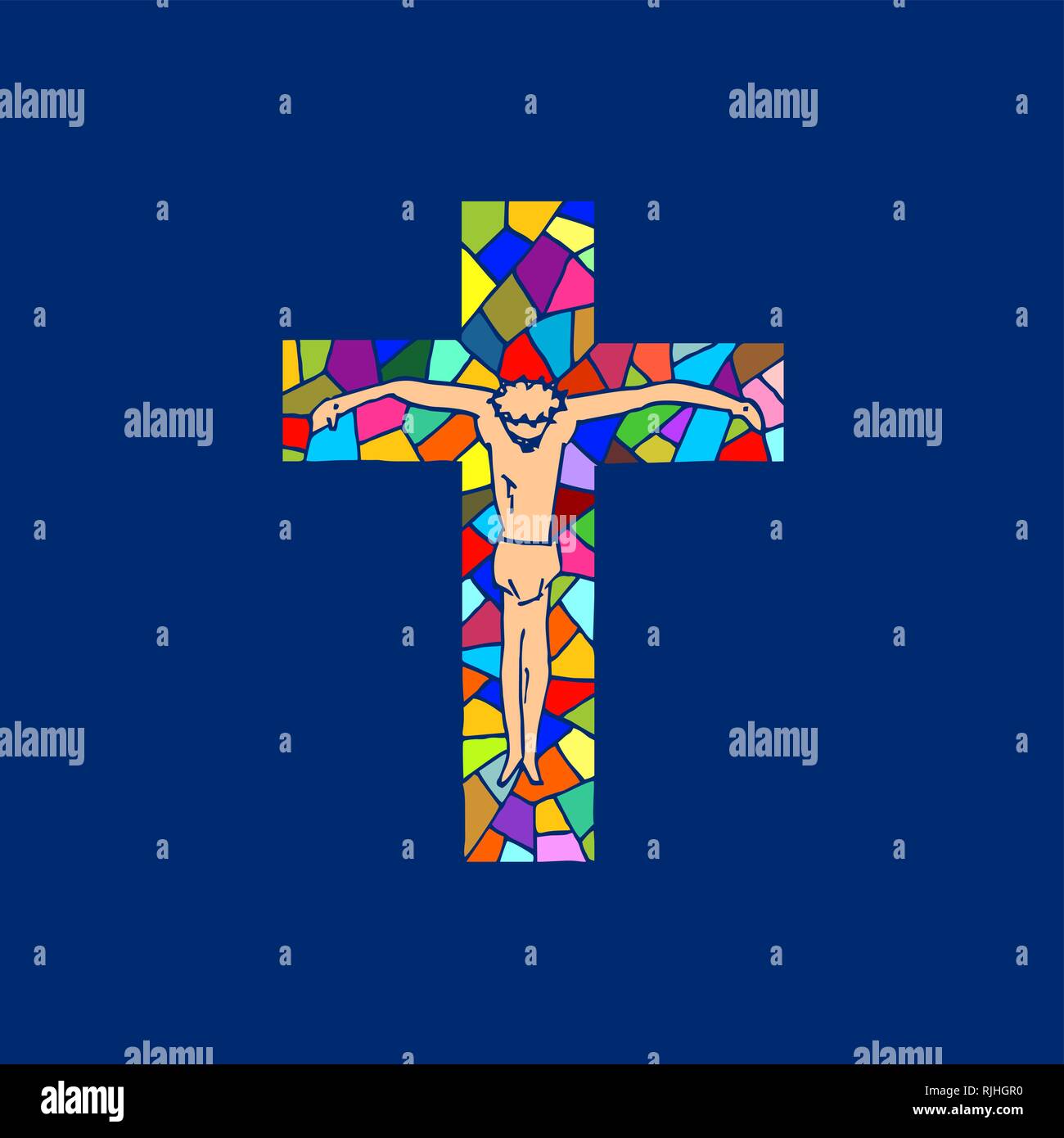 Lord Jesus on the cross. Cross drawn by hand. Mosaic style. Christian