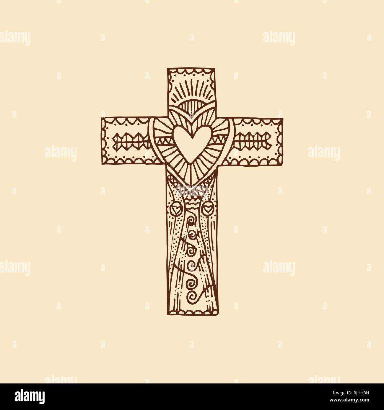 Cross of the Lord and Savior Jesus Christ hand-drawn. Doodle and design elements inside. Christian and biblical symbols. Stock Vector