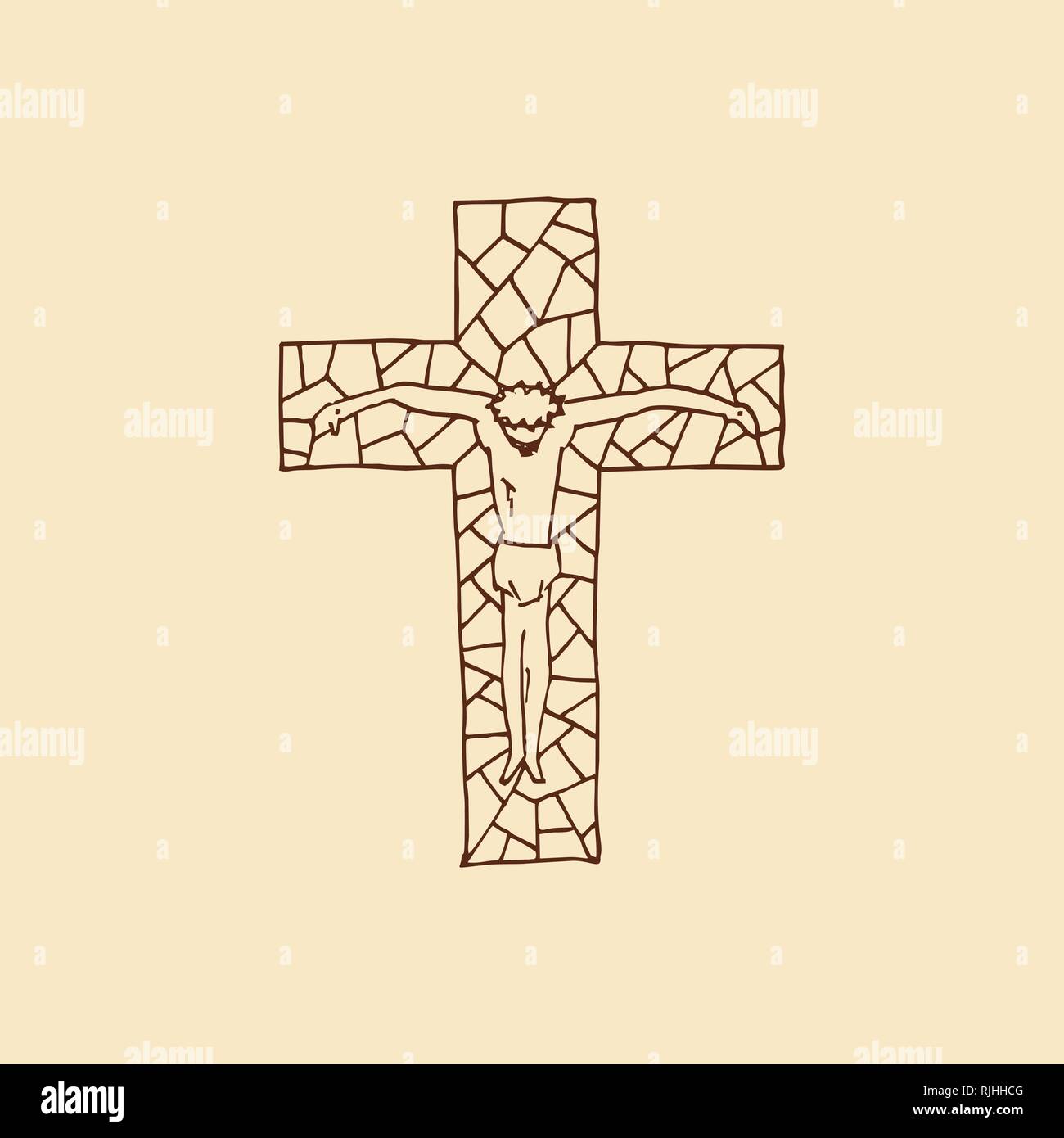 Lord Jesus on the cross. Cross drawn by hand. Mosaic style. Christian