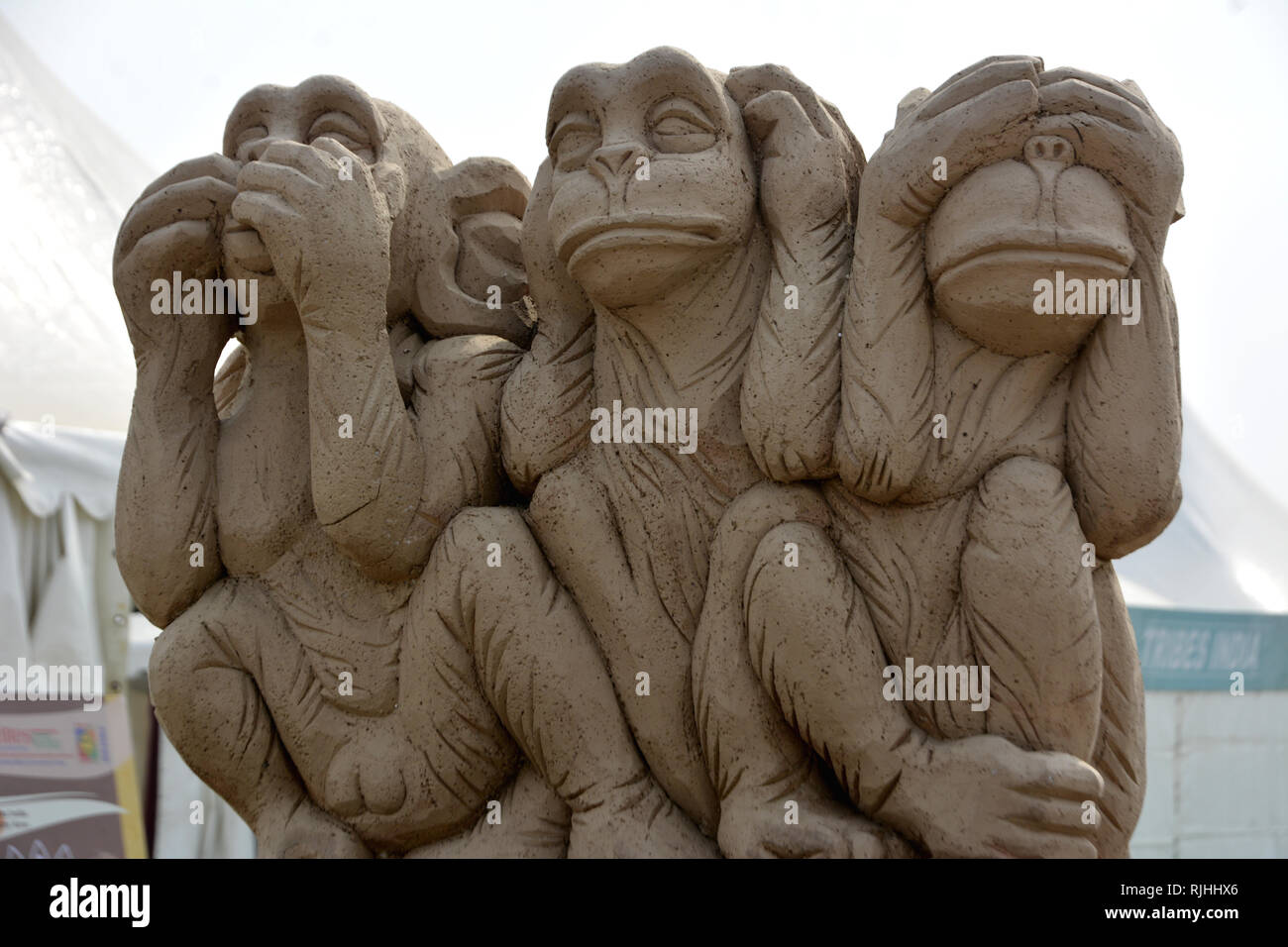 The three wise monkeys are a pictorial maxim, embodying the proverbial principle 'see no evil, hear no evil, speak no evil'. Stock Photo