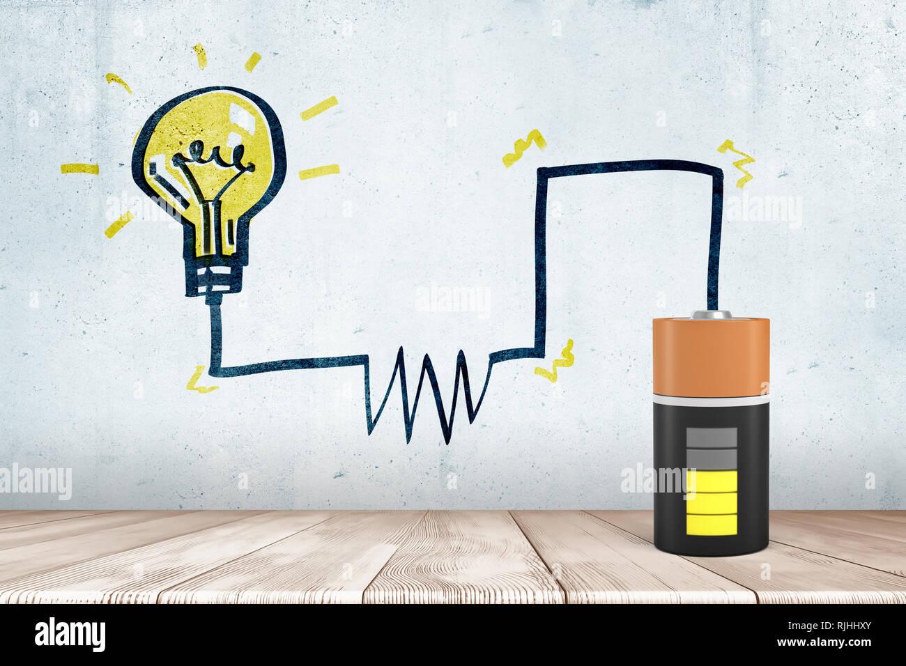 3d rendering of animated half charged battery with a drawn circuit diagram to a drawn lightbulb Stock Photo