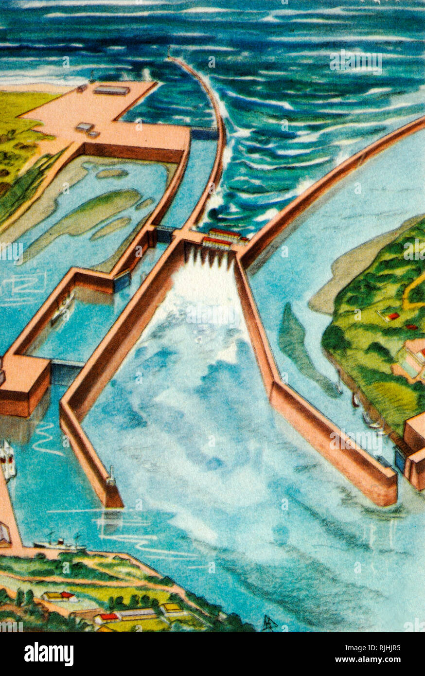 Futuristic Tidal Energy Barrage or Tidal Power (Illustration c1940) Stock Photo