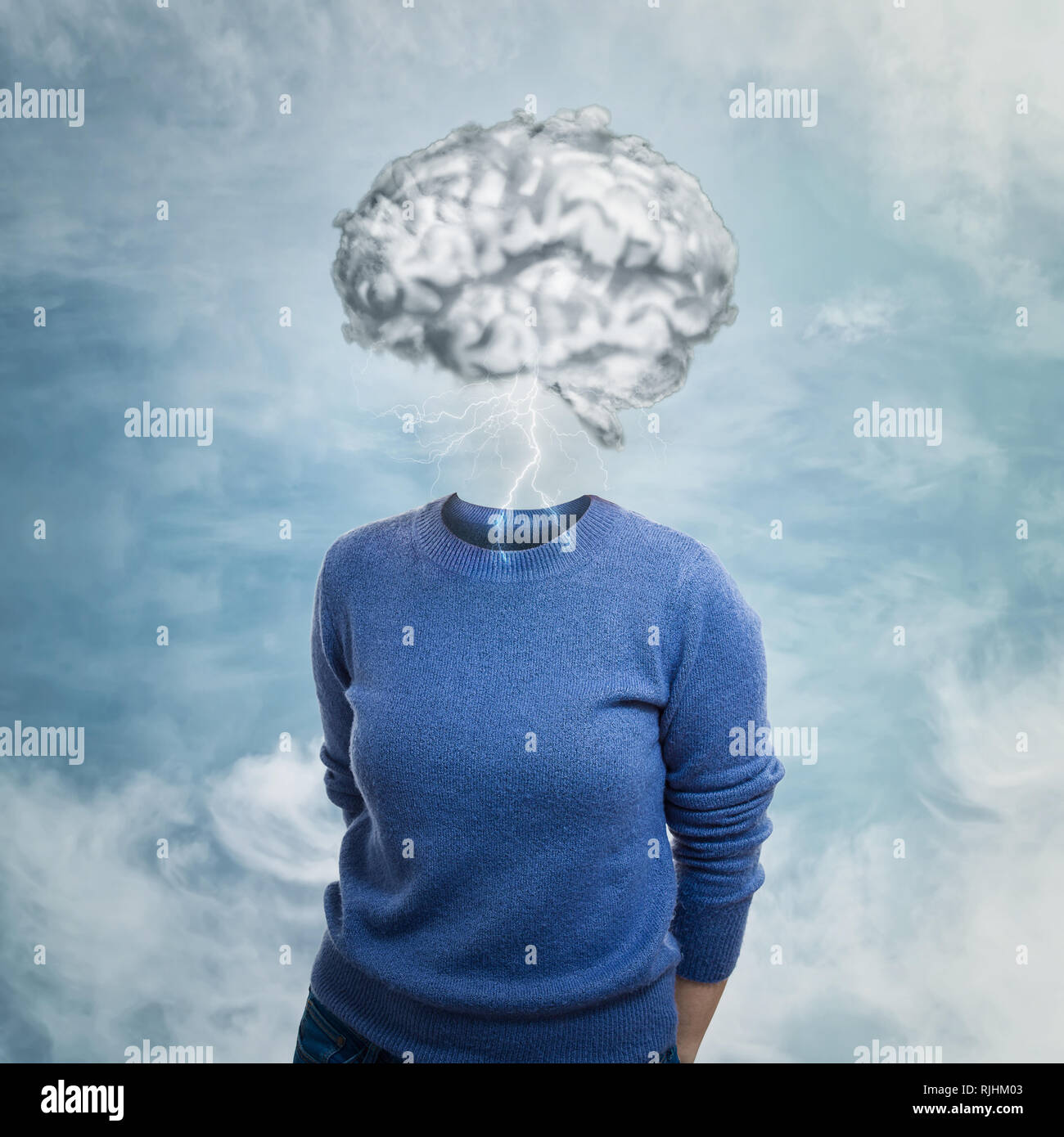 Brainstorm concept as woman has invisible face and cloud shaped brain instead of head. Incognito introvert hide identity. Head in the clouds person so Stock Photo