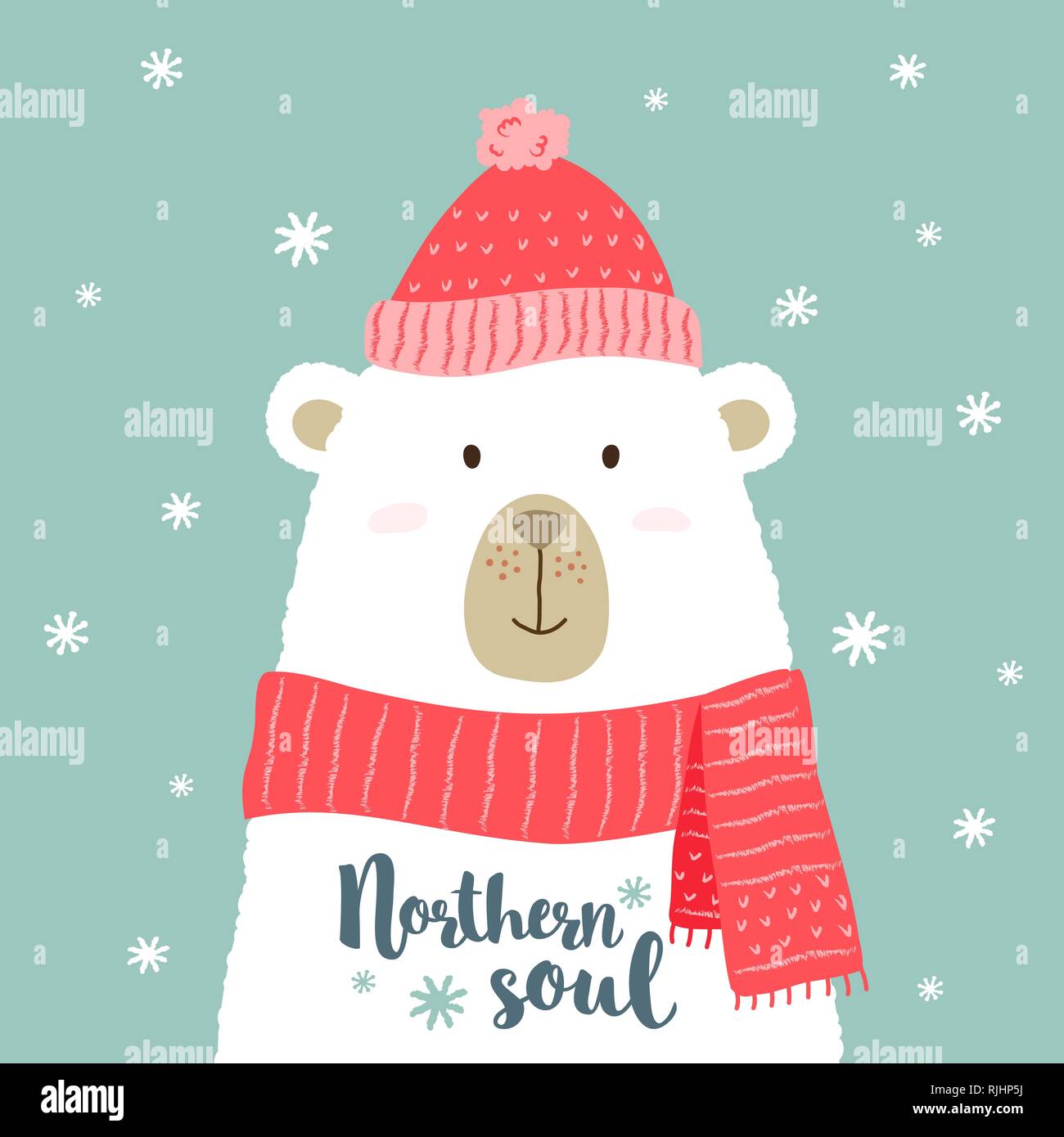 Vector illustration of cute cartoon bear in warm hat and scarf with hand written lettering -Northern Soul - for placards, t-shirt prints, greeting  ch Stock Vector
