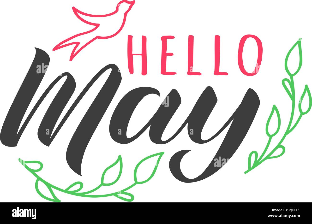 Hello May hand drawn lettering card with doodle swallow and branches ...